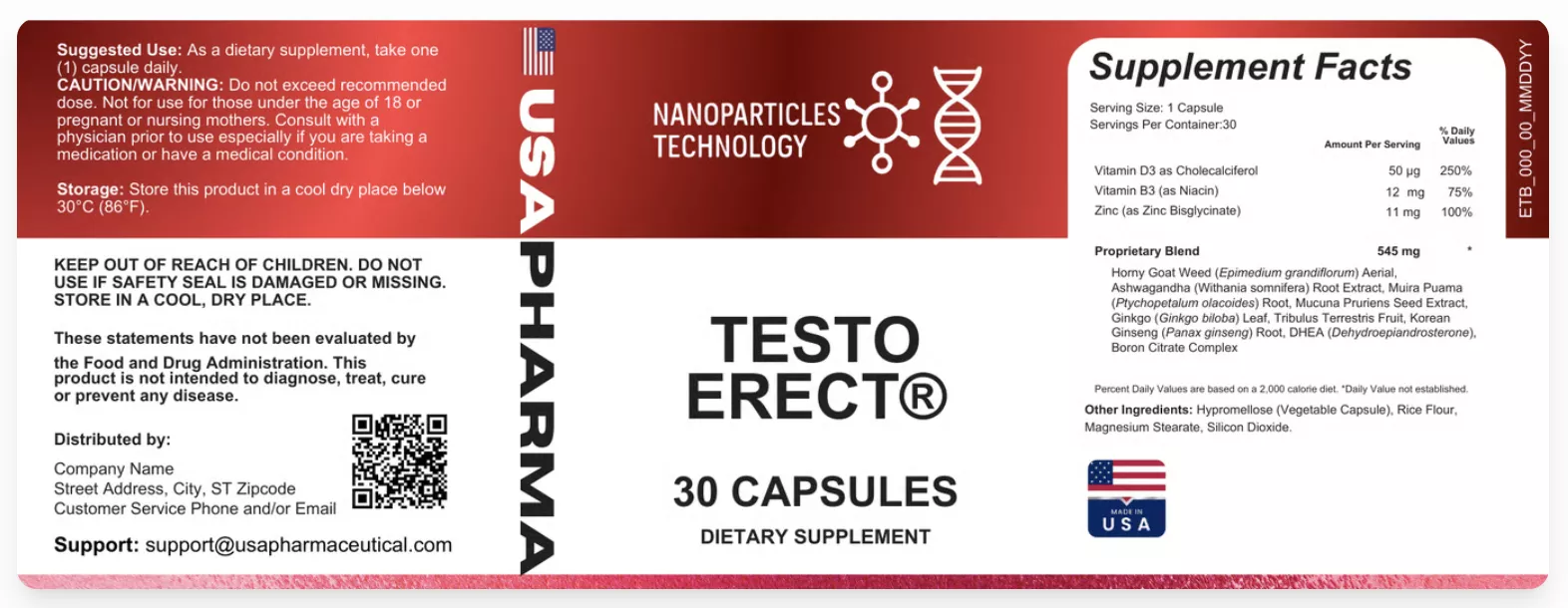 TestoErect official supplement facts label